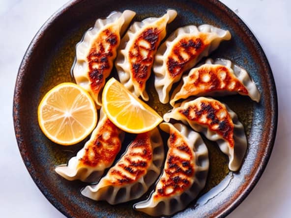 Gyoza au porc, poireaux, gingembre frais et assaisonnement japonais yuzukosho