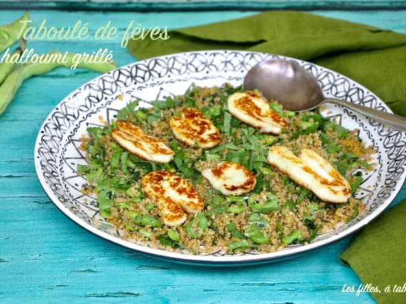 Taboulé de fèves et halloumi grillé