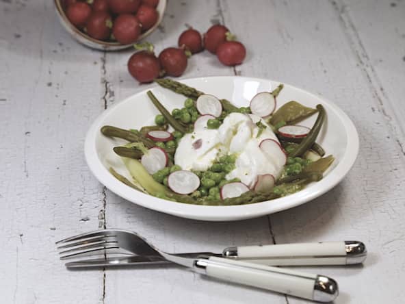 Légumes verts en salade burratinas et pesto de petits pois