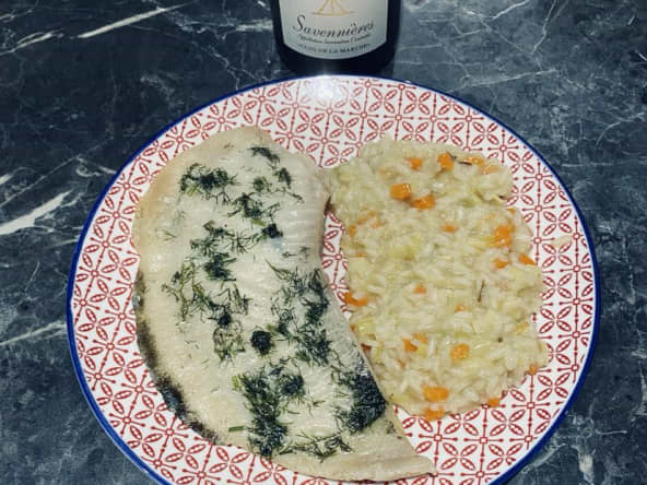 Turbot au beurre d'aneth, risotto aux petits légumes