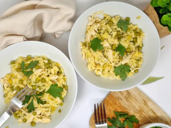 Orzotto au petits pois, poireau et poulet