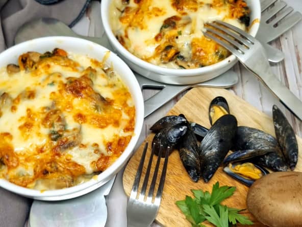 Gratin de moules aux champignons et comté