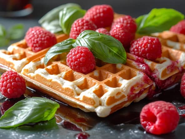 Gaufres au chocolat blanc, framboises et basilic