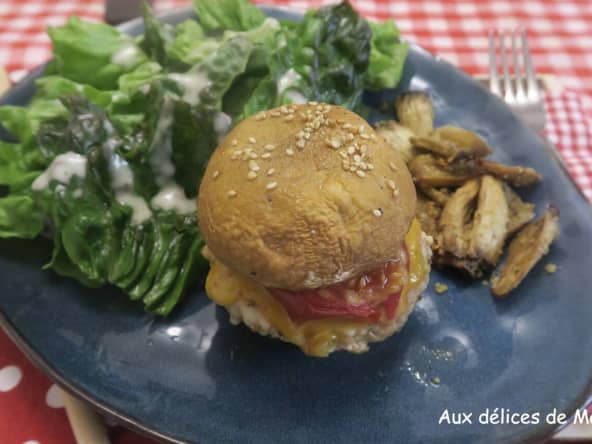 Burger de champignon au poulet et potatoes de pieds de champignons à l'Air Fryer ou au four