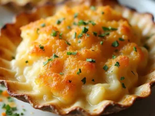 Moules crémeuses, gratinées en coquille Saint-Jacques