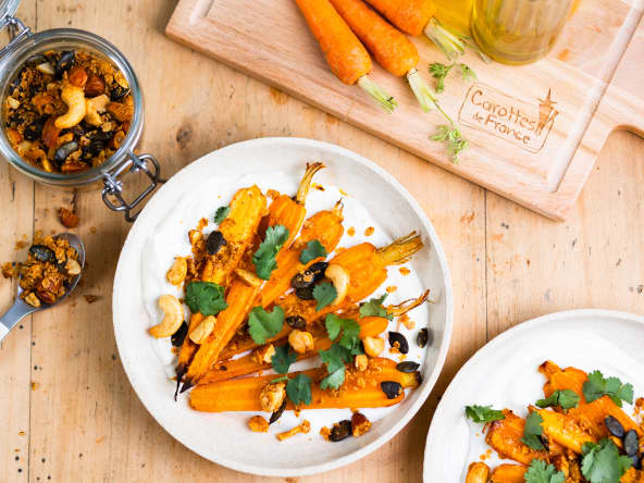 Carottes rôties, crème de feta betterave et granola salé