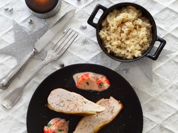 Filet de chapon de pintade vin pétillant et écrevisses