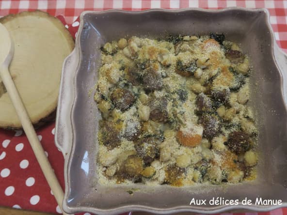Gratin d'haricots coco aux épinards et merguez
