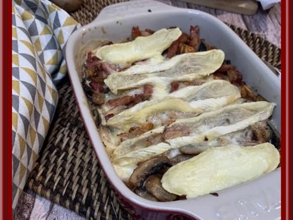 Gratin de patate douce, champignons, lardons au reblochon