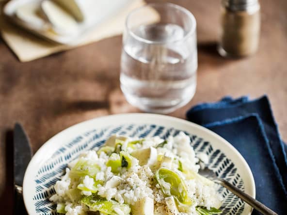 Risotto à la bûchette de chèvre affinée et aux poireaux