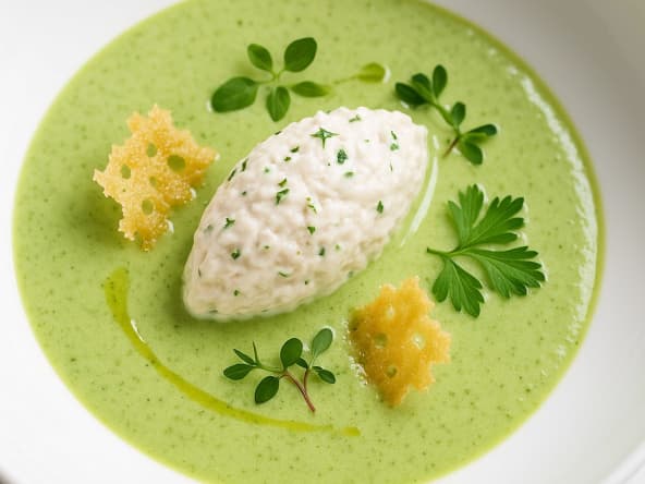 Crème de courgette glacée, quenelle de thon citronné Saupiquet, chips de parmesan et herbes fraîches