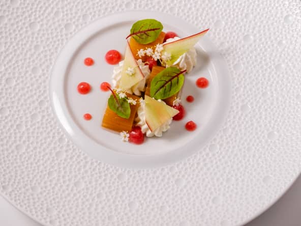 Rhubarbe pochée, Ganache montée au sureau, Rhubarbe au sirop, Gel rhubarbe-sureau
