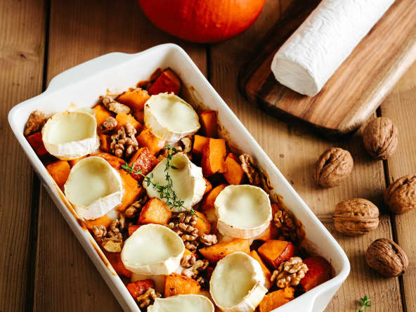 Gratin de potimarron, bûchette de chèvre affinée et noix