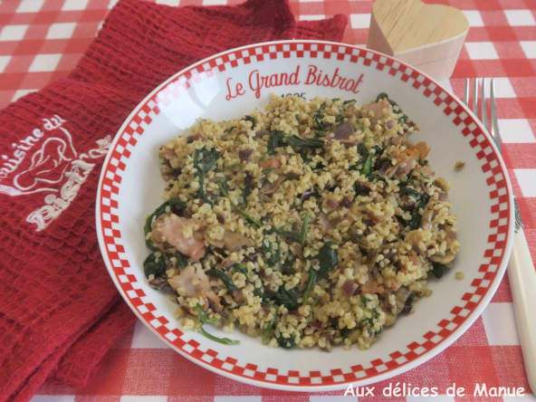 Boulgour aux épinards, champignons et bacon, à la crème