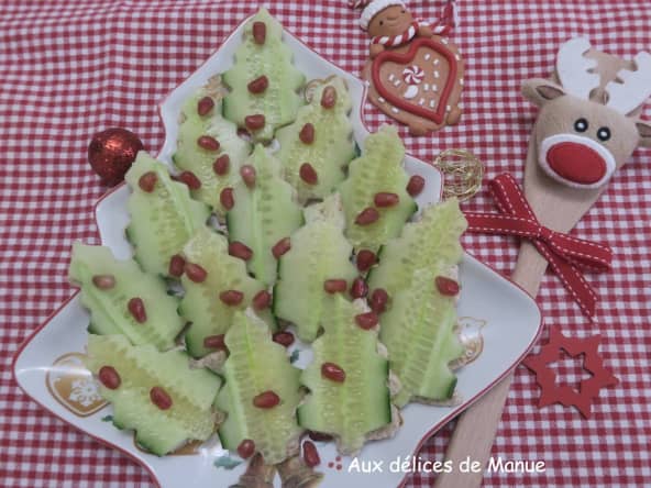 Toasts sapin de Noël au concombre et graines de grenade