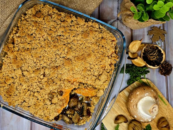 Crumble de champignons, châtaignes et patates douces