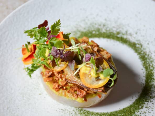 Lieu jaune, artichaut, kumquat, moelle de bœuf