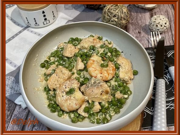 Curry de saumon, gambas et petits pois