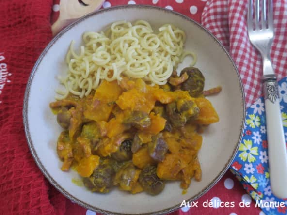 Poêlée de potimarron aux châtaignes, à la crème et au bacon