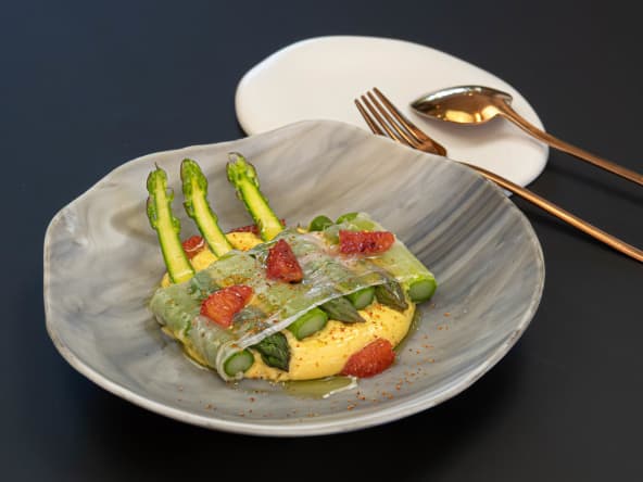 Asperges vertes de Provence, Voile de Colonnata, Sabayon à l’orange