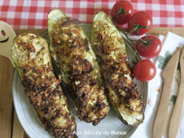 Courgettes blanches farcies au boulgour, tomates séchées et chèvre frais
