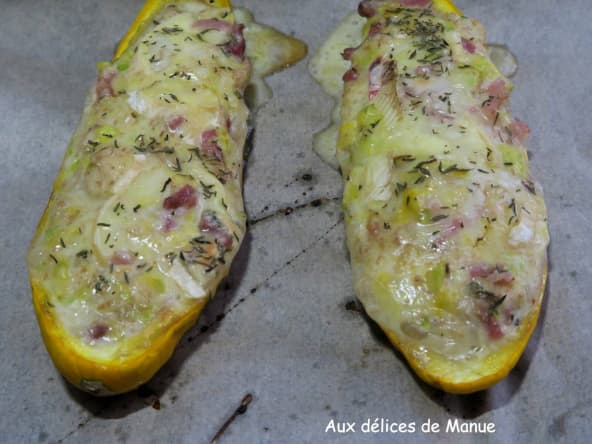 Courgette jaune farcie au Reblochon et poitrine fumée à la plancha