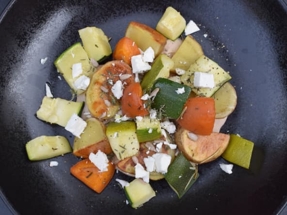 Courgettes, abricots et pommes de terre rôtis, crème de haricots blancs au citron