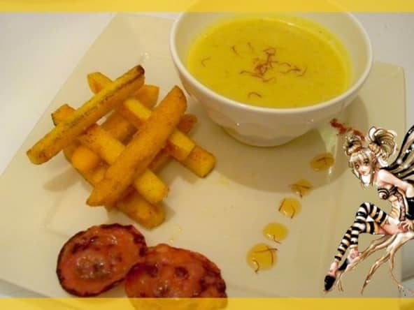 Soupe de navet boule d'or frites de polenta et chips chorizo