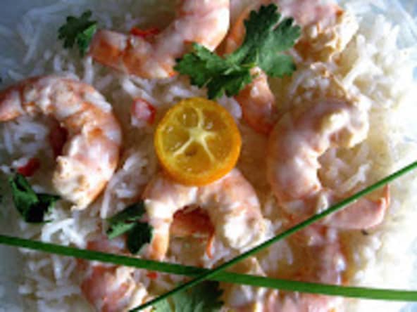 Gambas façon thaï piment, citron vert, lait de coco, coriandre