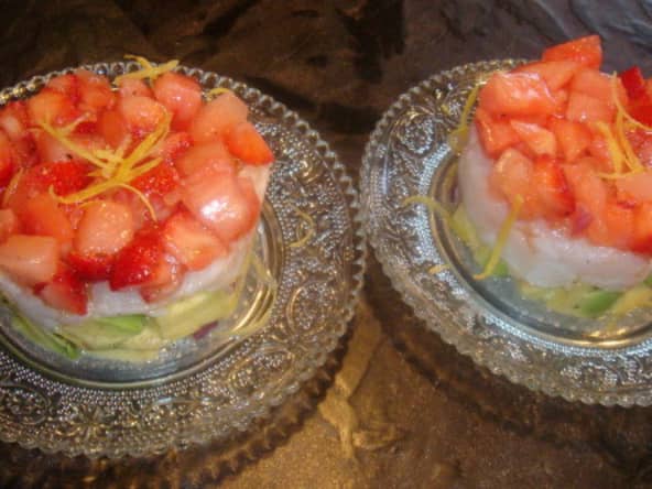Tartare de lotte, avocat fraise et pastèque