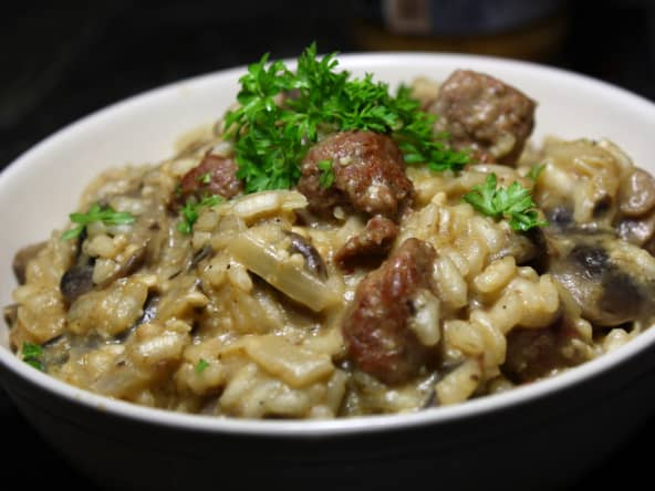 Risotto de merguez, champignons, pesto de truffe noires d’été