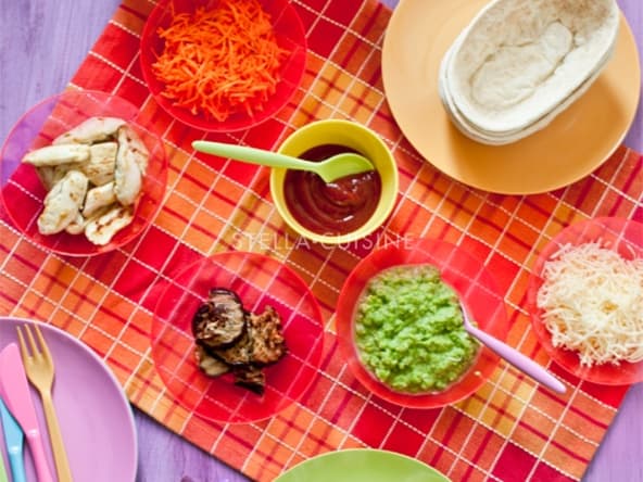 Panadillas aux petits pois, poulet curry et carottes