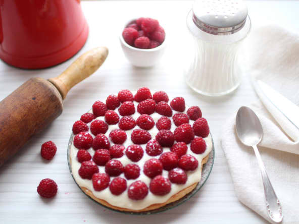 Sablé breton, framboises et crème chocolat blanc-mascarpone