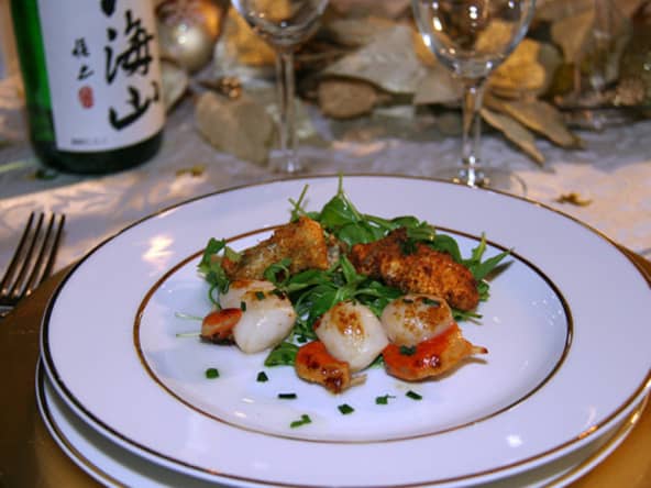 Noix de St-Jacques aux huîtres plates panées, salade au miel et Saké pour Noël