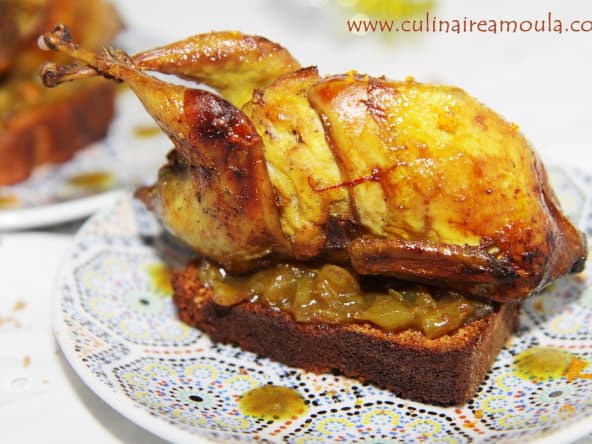 Cailles farcis au foie gras, marron et sa sauce de dattes confites