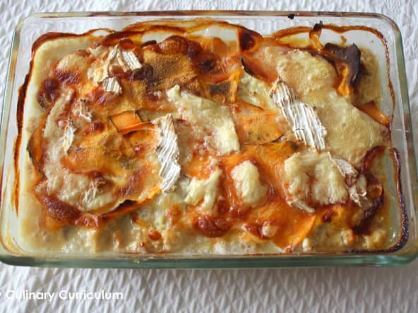 Gratin coloré de patates douces, butternut et bleue d'Artois au poulet