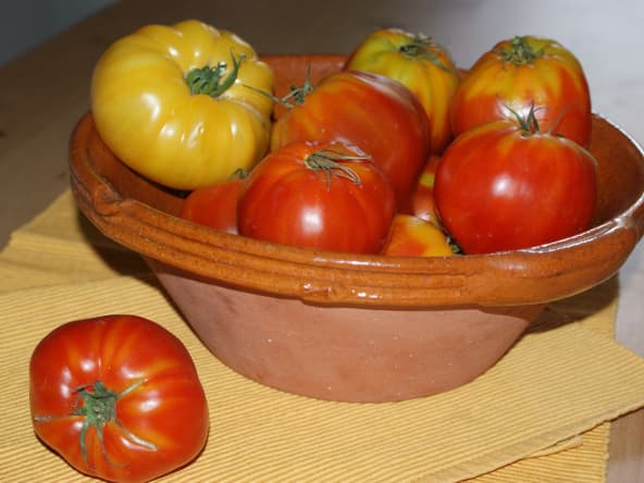 Récolte de tomates anciennes dans un saladier en terre cuite