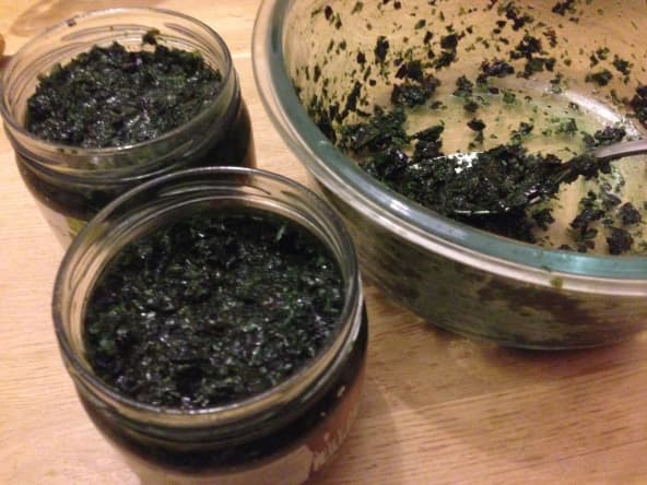 Terrine du pêcheur à la spiruline, choux de Bruxelles et ail des ours