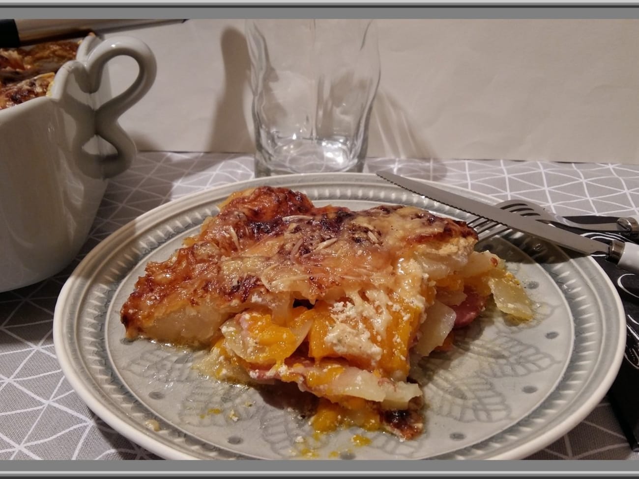 Gratin de Potiron, Pommes de terre, Bacon et Lardons : recette Gratin