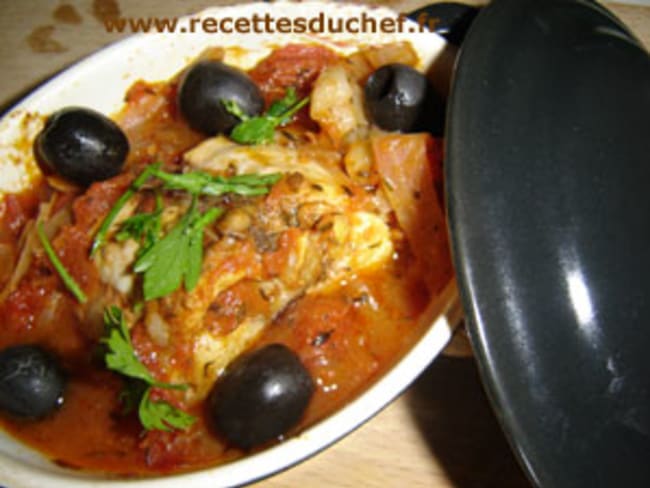 Râbles de lapins aux olives, tomates et thym