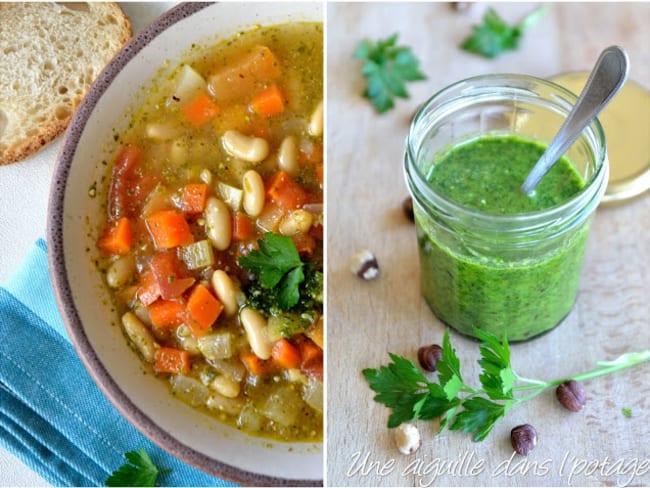 Minestrone ou soupe italienne aux haricots blancs et pesto de persil
