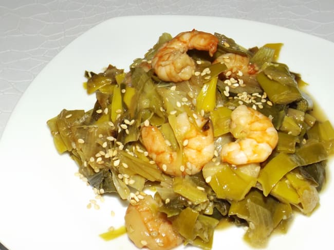 Fondue de poireaux et crevettes à l’asiatique
