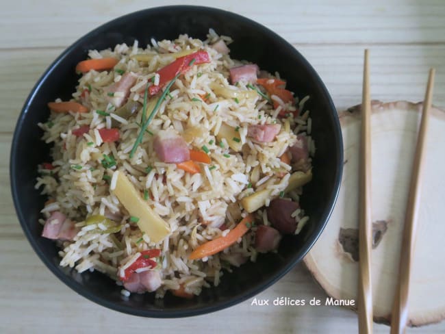 Riz aux légumes chop suey et lardons