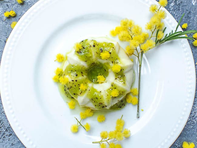 Panna cotta au kiwi et aux fleurs de mimosa