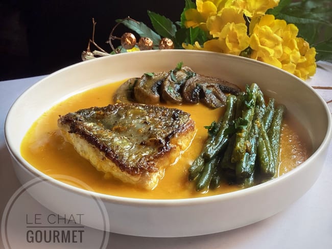 Filets de Saint Pierre à la crème de carottes à la mandarine, haricots verts et champignons