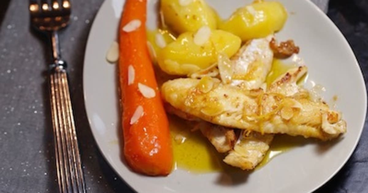 de sole et légumes laqués aux agrumes et aux amandes