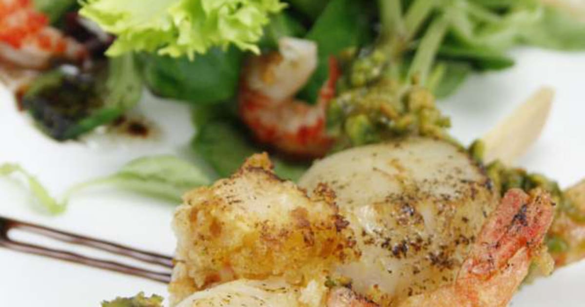 Recette Brochette de St Jacques et Crevettes panées Pistaches