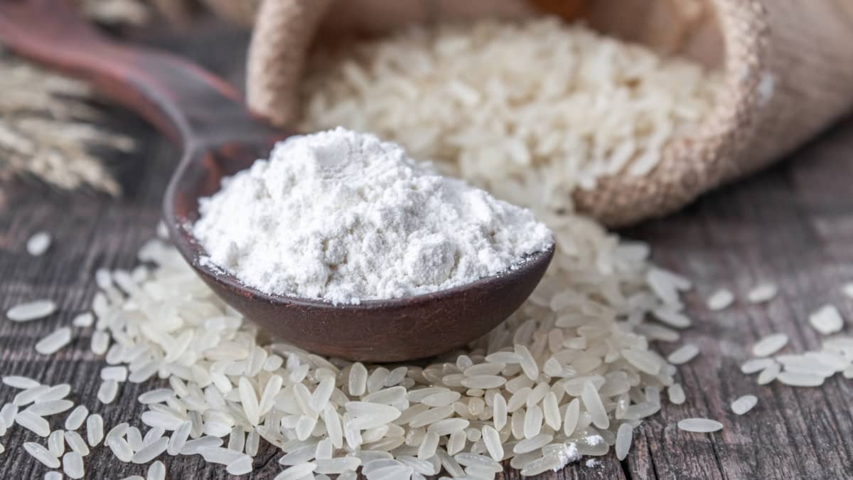 Farine de riz blanc dans une cuiller en bois