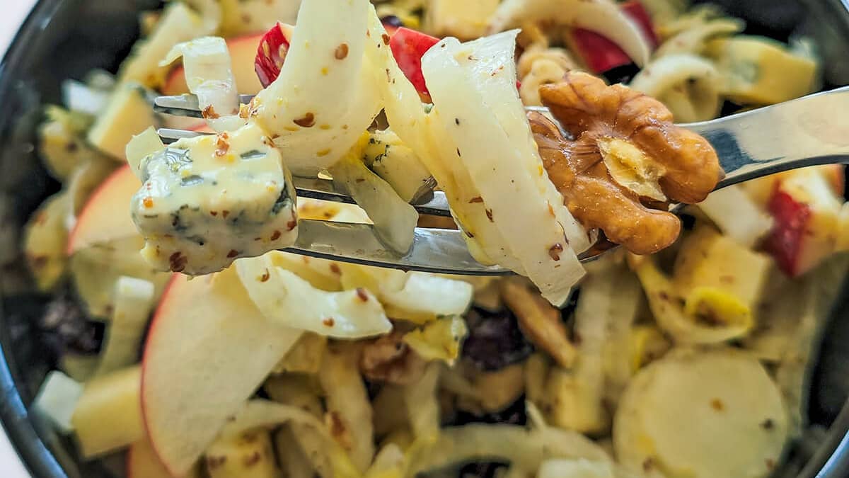 Gros plan sur une fourchette de salade d'endive, roquefort et noix