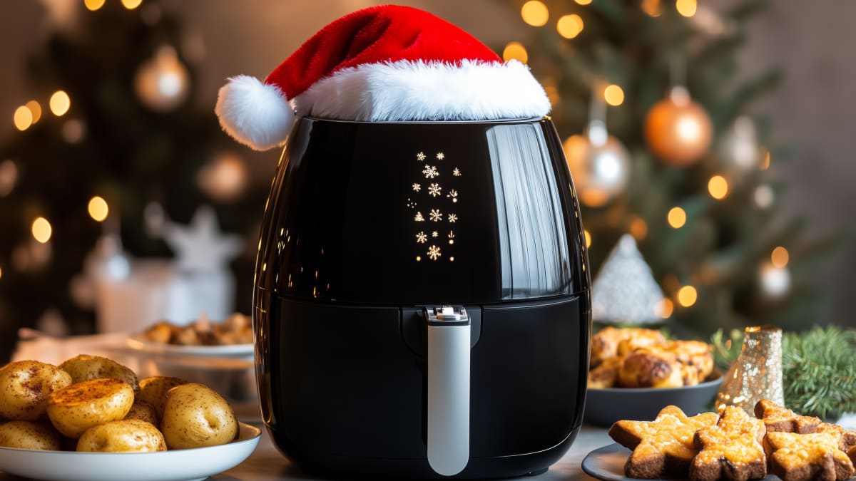 Une friteuse à air chaud Air fryer coiffée d'un bonnet de Père Noël, entourée de mets festifs, illustrant un thème de Noël avec des décorations en arrière-plan